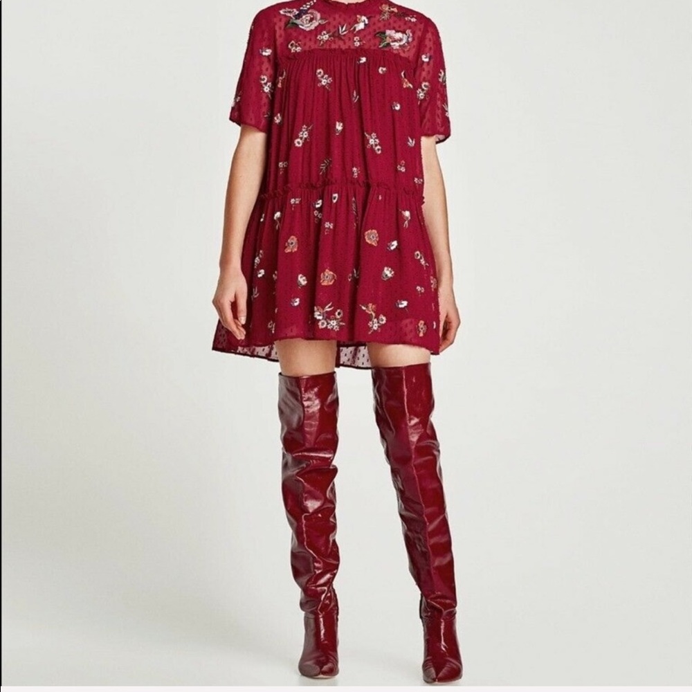 Zara Maroon Floral Red Dress, Size XS